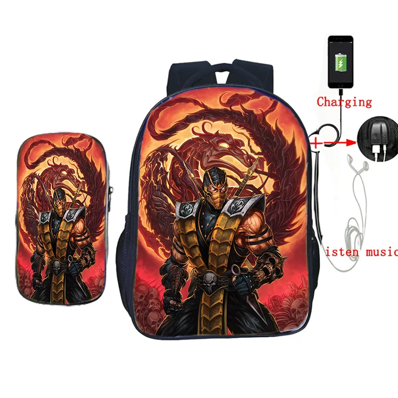 2 шт./компл. USB зарядка школьная сумка Скорпион в mmoral Kombat X маска рюкзак для подростков рюкзак для студентов повседневный рюкзак для ноутбука - Цвет: 13