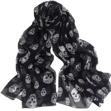 Длинный Шелковый женский шарф осенний с принтом черепа черно-белая шелковая зимняя теплая шаль Мягкая мусульманская Пашмина обертывания
