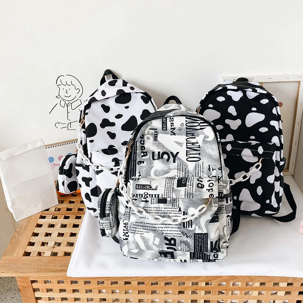 Nylon Backpack Students Girls Cow Letter Print Casual Shoulder School Book Bags Women Daily Travel Bagpack Rucksack w/ Small Pou