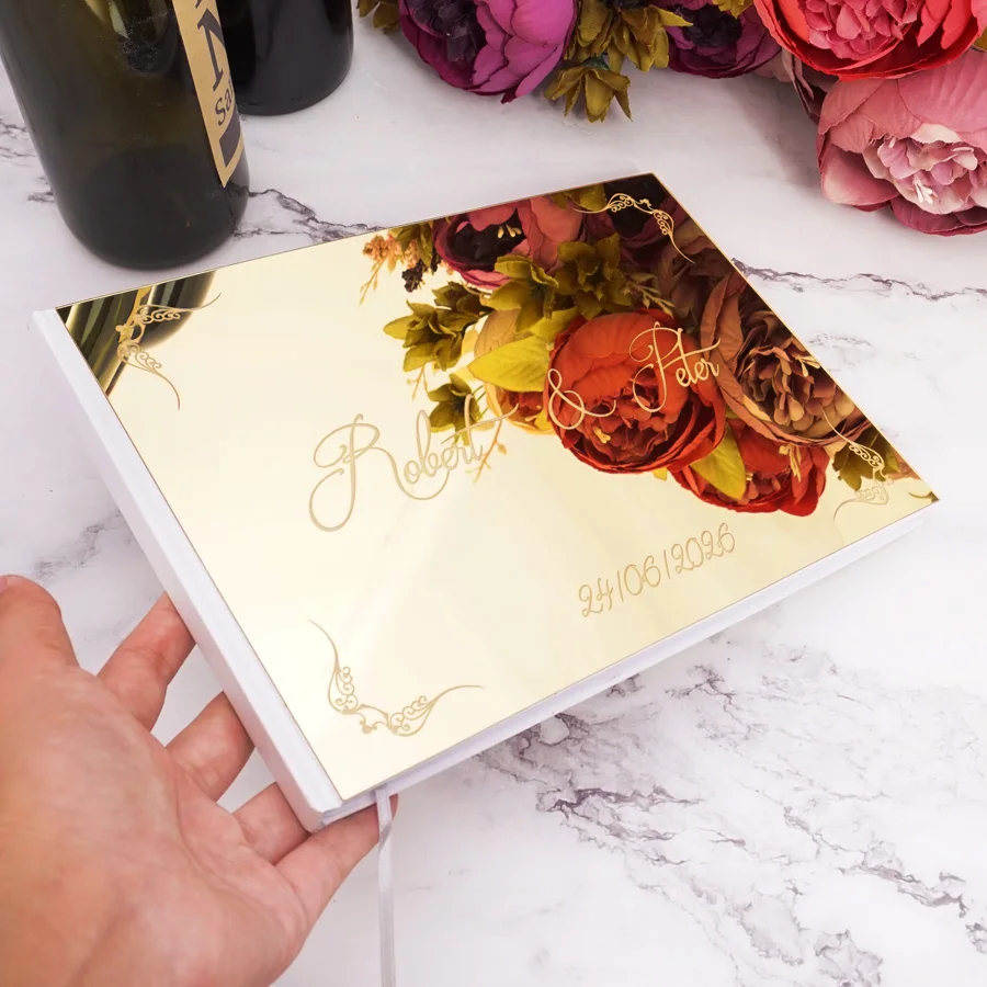 25x18cm Personalized Wedding Vintage Signature Guestbook Acrylic Mirror Cover White Blank Pages Party Favors Wedding Gift