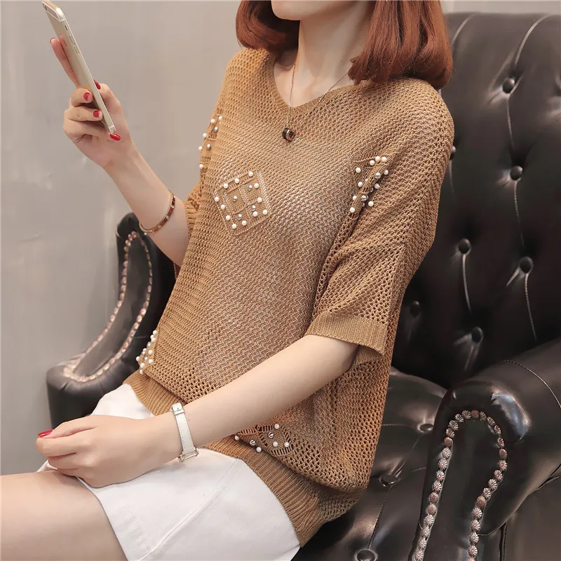 

FAIRY FASHION western style medium sleeve T-shirt 2019 summer new loose cut-out V-neck pearl net shirt women's blouse