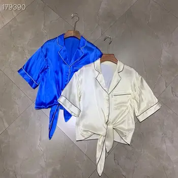 

2020 women silk shirt tops tee blouse turn down collar short sleeve blue / beige girls runway fashion casual outwear blouse
