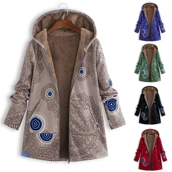 

Women Winter Printed Hooded Plush Coat Retro Style Women Plush Long Sleeve Jacket Comfortable and Warm XRQ88