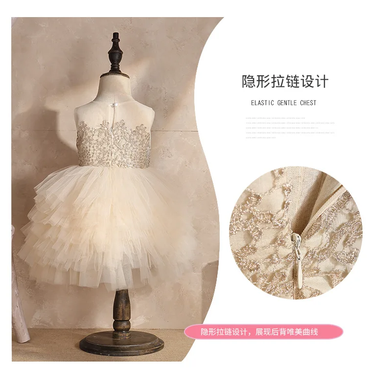 Women's Infant Baby Champagne Color Wedding Dress Girls Gauze Puffy Princess Birthday Dress Children Cake Dress