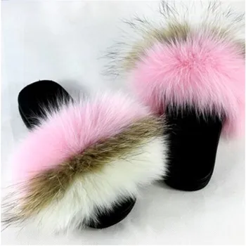 

Women's Summer Flat Fur Sandals Fluffy Real Fox Fur Slippers Woman fur Slides Outside Ladies Furry Sandals House Fur Shoes 36-45