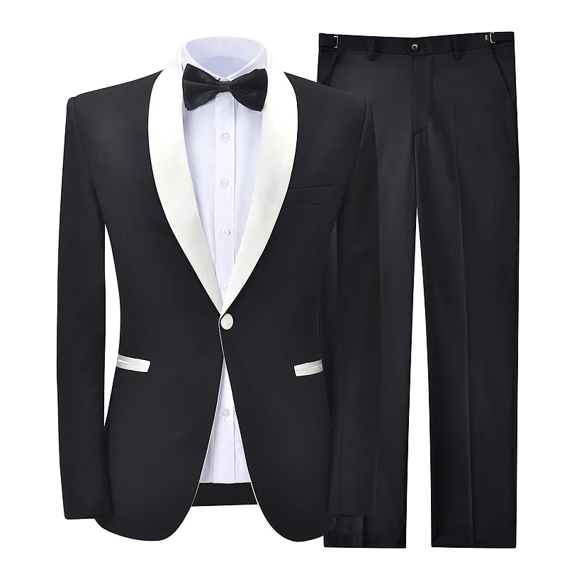 Black Men's Suits 2 Pcs Shawl lapel Slim Fit Blazer Formal Prom Terno Tuxedos Groomsmen For Wedding Fashion (Blazer+Pants)