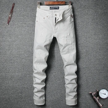 

Italian Vintage Fashion Men Jeans White Slim Fit Elastic Ripped Jeans Men Punk Pants Streetwear Hip Hop Jeans Men Pencil Pants
