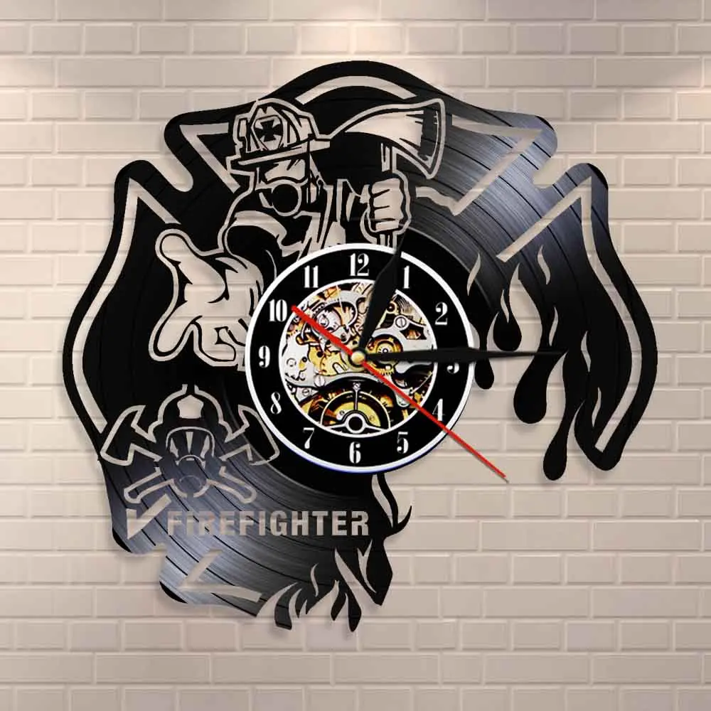 

Firefighter Clock Fire Dept Wall Decor Wall Clock Firemen Helmet Fire Rescue Vinyl Record Wall Clock Burned Maltese Cross Clock