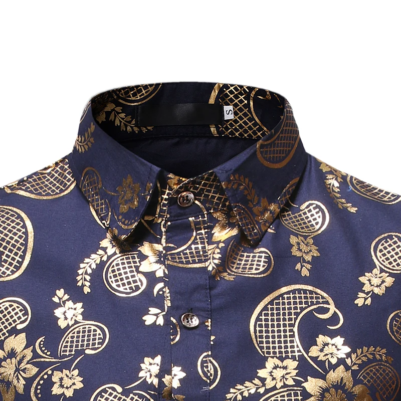 Black Floral Shirt Men Luxury Brand Bronzing Print Mens Dress Shirts Party Wedding Groom Shirt Male Camisa Social Masculina