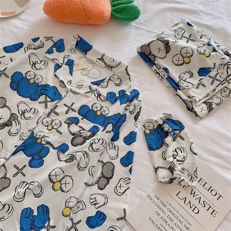 Caiyier комплект свободных пижам для дам мультфильм Улица Сезам печати отложной воротник рубашка+ брюки пижамы зимняя женская домашняя одежда пижамы