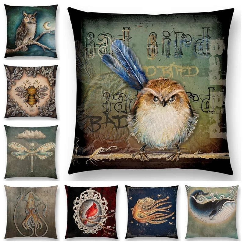 Classic Retro Magical Animals Sofa Throw Pillow Case Blue Whale Owl Bat Bee Octopus Vintage Cushion Cover 45*45CM