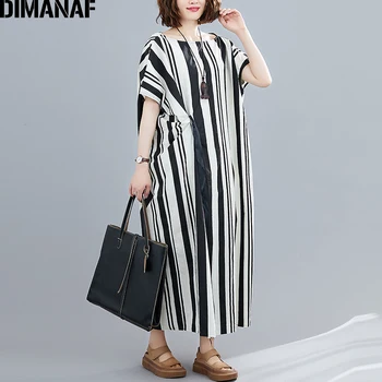 

DIMANAF Plus Size Women Dress Summer Sundress Striped Print Black Female Elegant Office Lady Vestidos Loose Batwing Maxi Dress