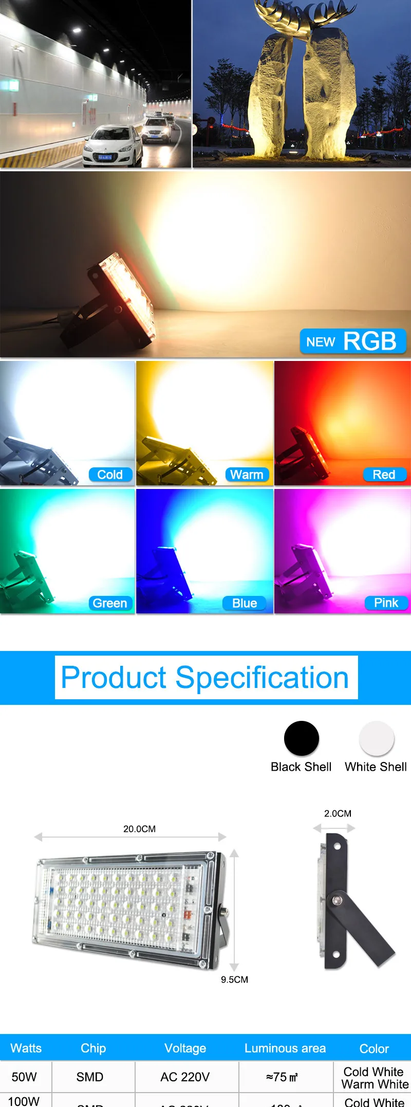 Светодиодный прожектор светильник 50 Вт RGB Светодиодный прожектор светильник Теплый Холодный AC 220V 240V светодиодный уличный фонарь Водонепроницаемый IP65 открытый светильник ing светодиодный cob точечный светильник