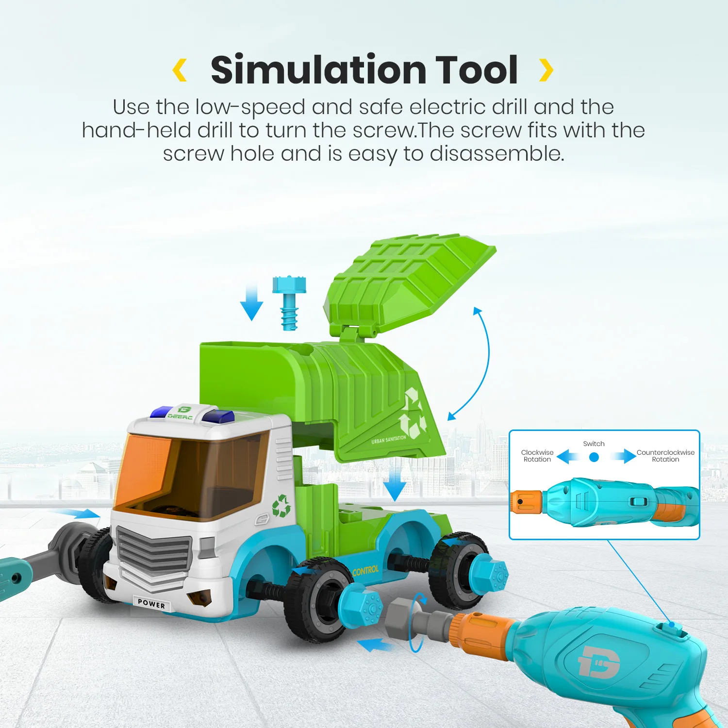 DEERC RC Car Sanitation Rubbish Garbage Truck Disassembly oys Tool Cars Remote Control Trucks for Children Boys Kids Assemble