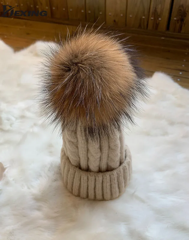 beige real fur Розовая шерстяная зимняя женская шапка с меховым помпоном, вязаная полосатая шапка Skullies Beanies, Толстая теплая женская шапка с искусственным помпоном для женщин - Color: beige real fur