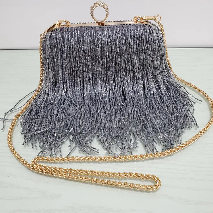 gray Women Tassel Fashion Ladies Clutch Bag Shoulder Handbags Female Party Wedding Evening Bag For Phone Purse - Цвет: gray