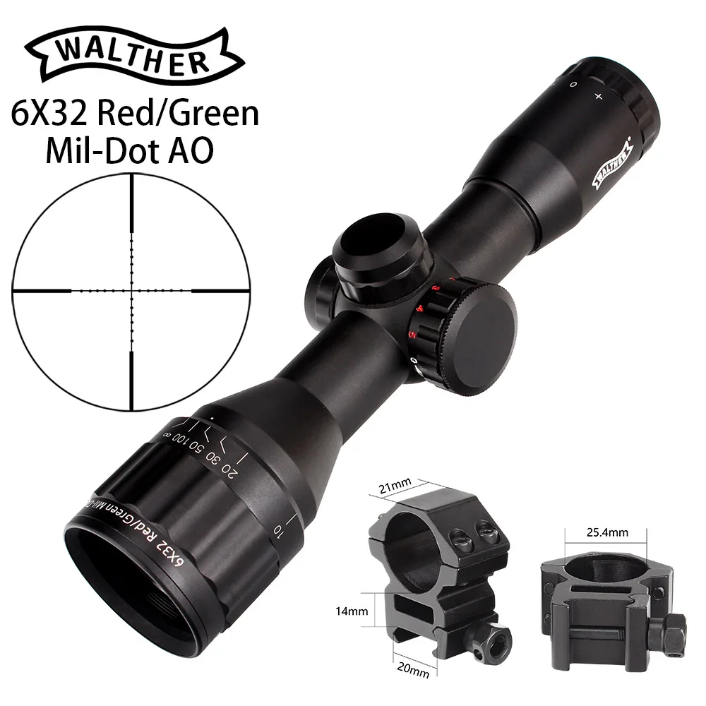 with Picatinny Rings Тактический оптический прицел 6x32 AO Mini Mil-Dot двухцветная светящаяся сетка охотничий оптический прицел - Цвет: with Picatinny Rings