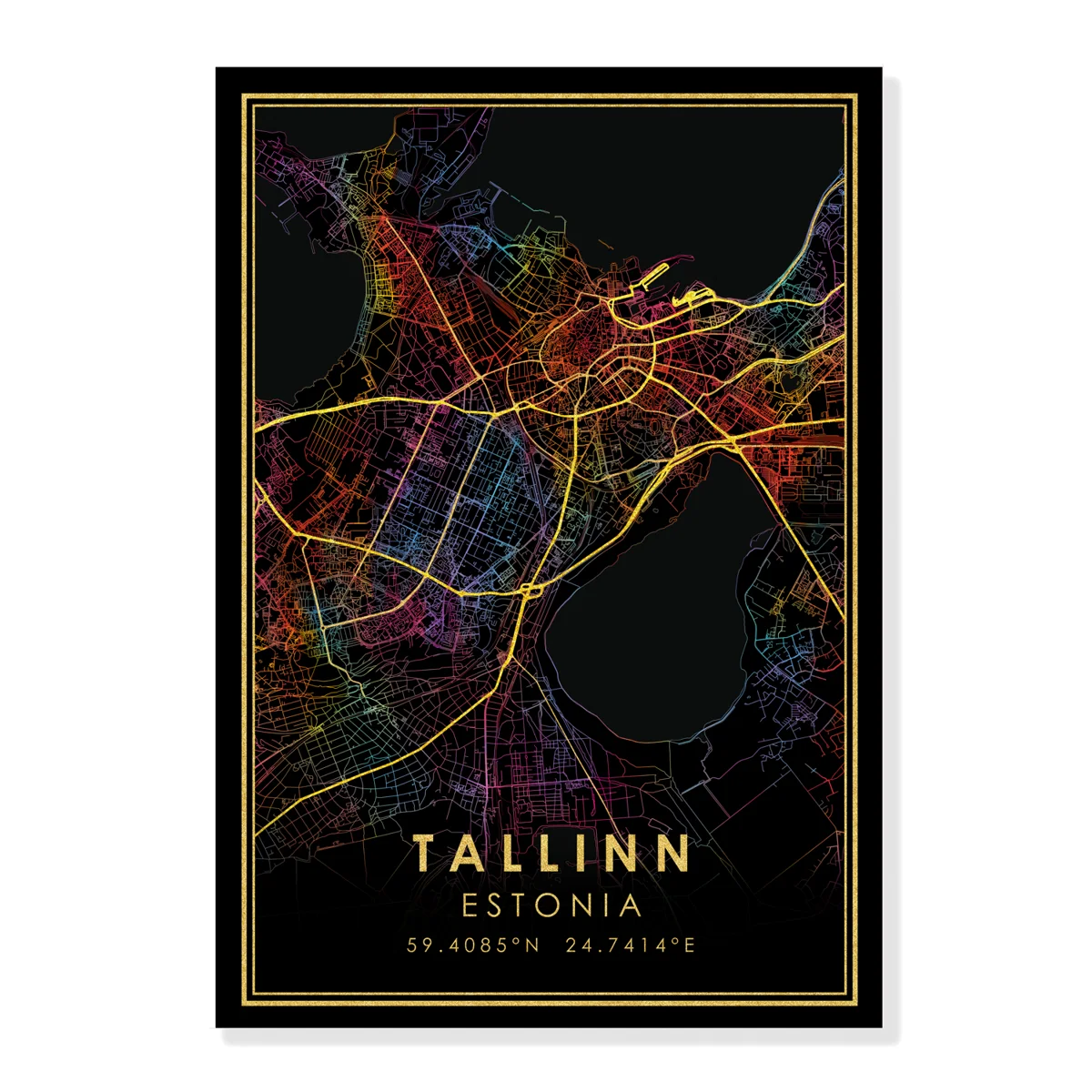 Tallinn GOLD ROADS Rainbow City Map Print Estonia Poster Canvas Wall Art Black Pictures for Living Room | Дом и сад