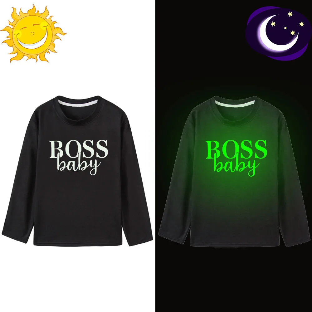Boss/футболки для маленьких мальчиков, футболка для девочек детские топы, футболка с длинным рукавом для мальчиков, светящаяся модная одежда для малышей