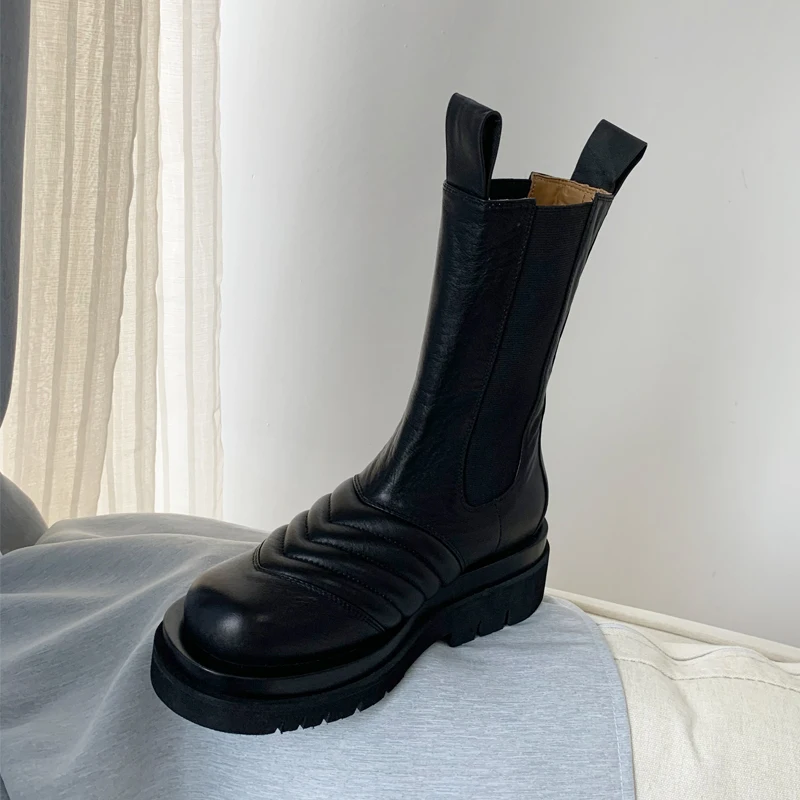 Black Platform Chelsea boots women round toe Thick Bottom ankle boots for women fashion brand design Knight Boots Woman