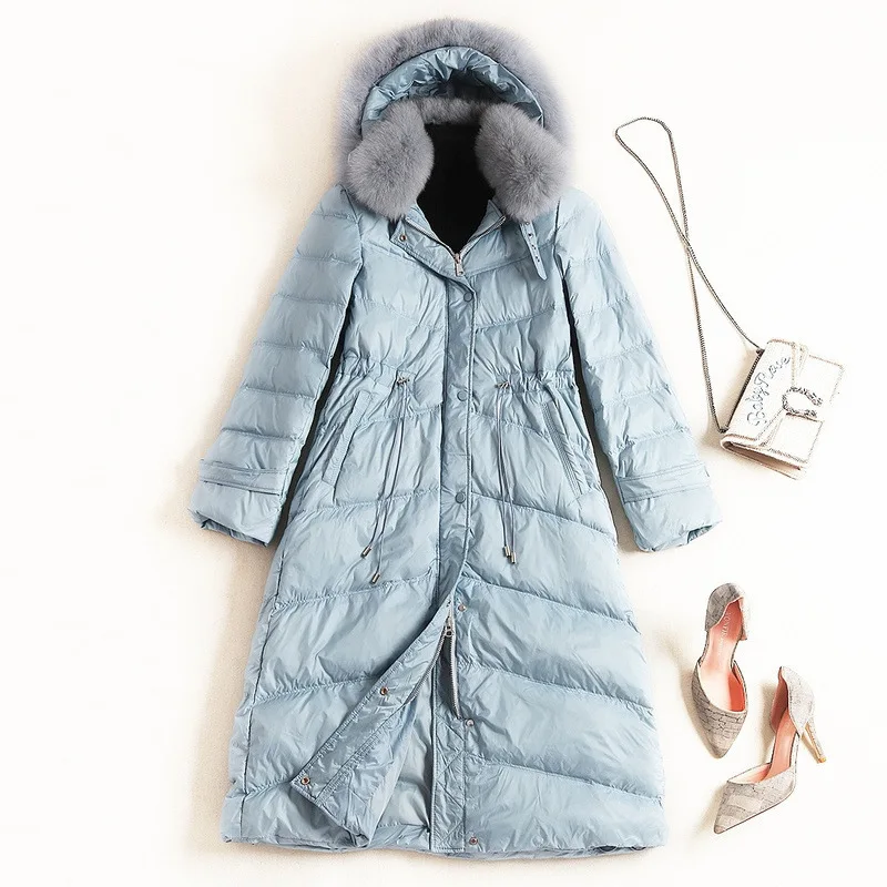 Синий High Quality White Duck Down Coat Fashion Natural Fox Fur collar Hooded Long Down coat Warm Parkas Winter Down jacket women - Цвет: Синий