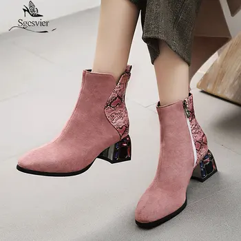 

Sgesvier 2020 Fashion Crystal Block Heels Shoes Autumn Snake Print Patchwork Faux Suede Pink Blue Ankle Boots for Women Bootie