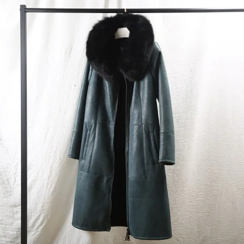 Blue-green Зимнее женское пальто из натурального меха, воротник из лисьего меха, длинная куртка из натуральной кожи, тонкая овечья овчина, Натуральная шерсть, меховые куртки KJ3431 - Цвет: Blue-green