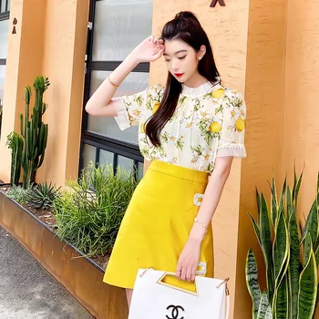 

2020 summer new high-end printed silk shirts female lemon mulberry silk shirt collar shirt with short sleeves, 7363