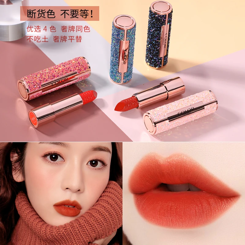 Colorful Envy Color Sequins Art Lipstick Velvet 4 hot color Waterproof Long lasting Matte Nude Lips Makeup Sexy red lip Cosmetic