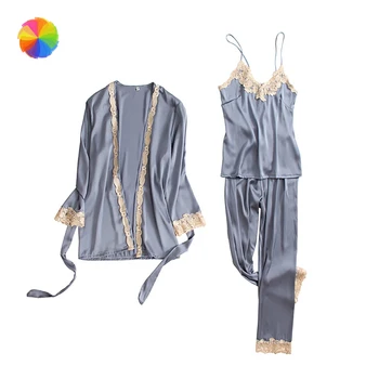 

Three Piece Female Sexy Silk Pajamas Set Robe Sling Pajamas Long Sleeve Pants Women Nightgown XBFF
