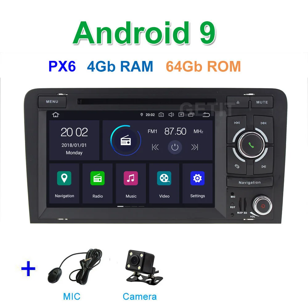 PX6 Android 9 Автомобильный DVD стерео плеер для Audi A3 2003-2011 с WiFi BT Радио gps навигация - Цвет: PX6 4G CAMERA