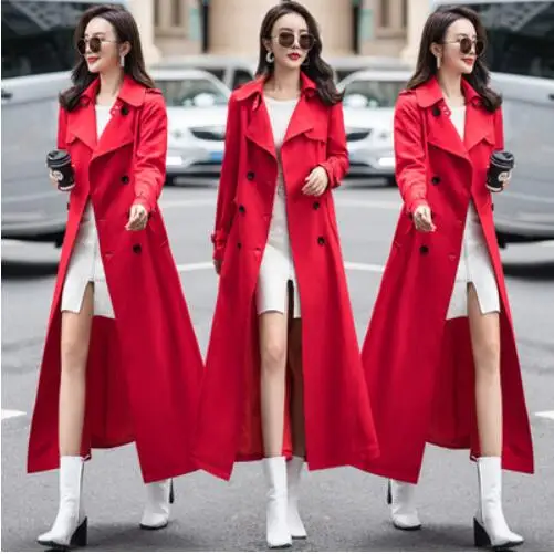 big red High quality windbreaker female Korean autumn new women's waist slimming windbreaker over the knee coats slim long coat women's - Цвет: big red
