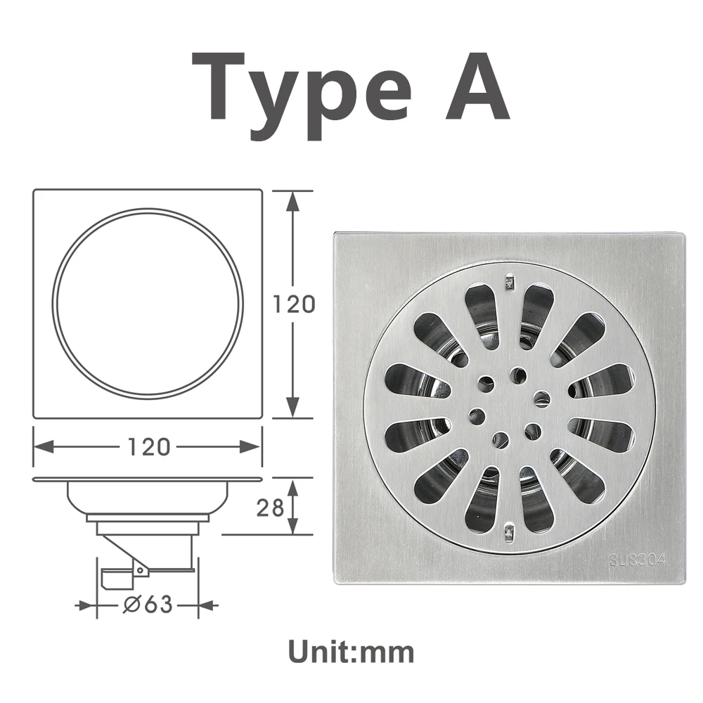 Type A 12cm x 12cm Квадратный трапик из нержавеющей стали анти-запах проволочный сетчатый фильтр Слива ванная, туалет, кухня Балкон большой поток воды - Цвет: Type A 12cm x 12cm