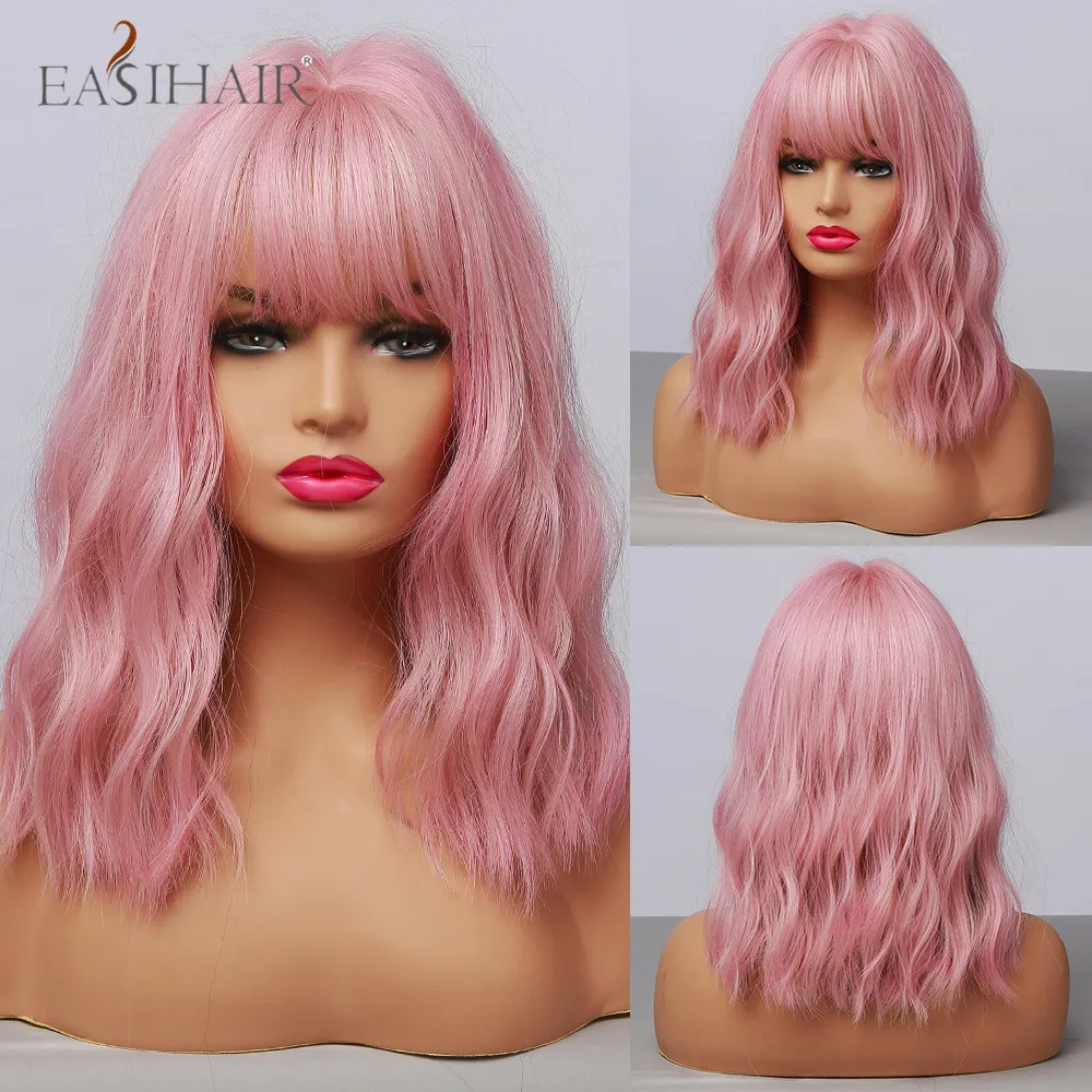 For Sale Synthetic Wigs Bangs Pink Bob EASIHAIR Colorful Medium-Length Women Cute Heat-Resistant 0LdJlYaL6dJ