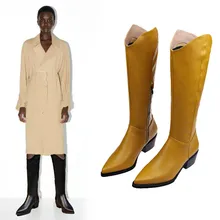 Черные, желтые сапоги до колена; ковбойские сапоги в западном стиле для женщин; высокие осенние сапоги; мотоботы с острым носком и боковой молнией; большие размеры
