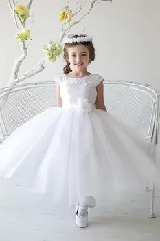 

2015 Lovely White Flower Girls Dresses Tea Length Embroidery Handmade Flowers Cheap Little Girls Formal Gown GL