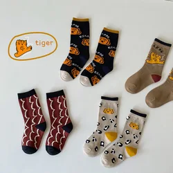 Chaussettes d'automne à rayures en coton pour enfants, 4 paires, motif Animal de dessin animé, pour garçons et filles, vêtements pour bébés, accessoires XDX048 
