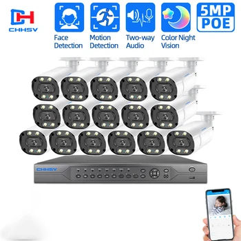 

CHHSV H.265 16ch POE NVR Kit CCTV video surveillance System Outdoor Waterproof 5MP Color Night Vision security camera system