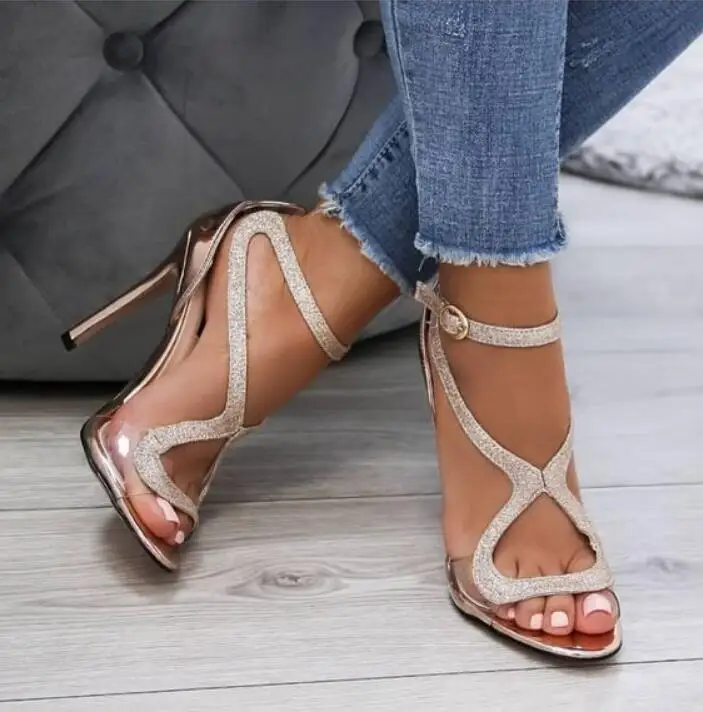 Hot Selling Black Strappy Sandals Clear PVC Stiletto High Heels Sandals Women Patchwork Banquet Dress Shoes Plus Size 10