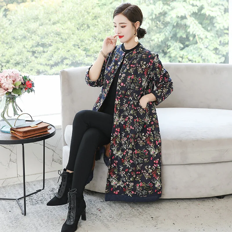 

2019 Autumn And Winter New Style Ethnic-Style WOMEN'S Dress Mid-length Printed Joint Loose Retro plus Velvet Trench Coat