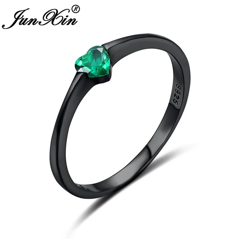 Green Ring Милое маленькое сердце любви кольцо минималистичный укладки зеленый фиолетовый синий камень свадебные тонкие кольца для женщин 925 Серебряное кольцо из черного золота - Цвет основного камня: Green Ring