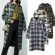 Осеннее и зимнее Ретро клетчатое Свободное пальто с большими карманами, элегантное Универсальное длинное пальто