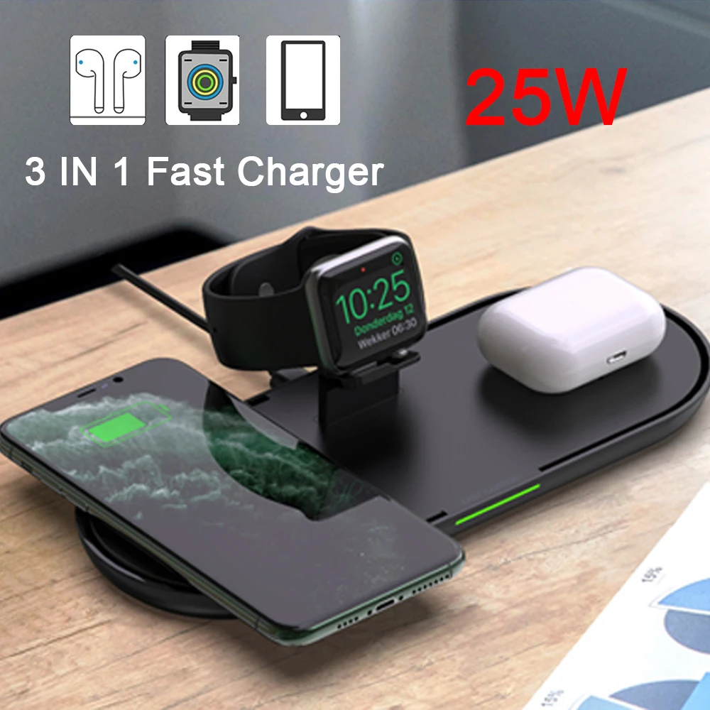 25W Qi Wireless Charger 3 in 1 Fast Charging Station for Apple Watch 5 4 3 2 iPhone 11 XS XR 8 X Airpods Pro Fold Stand Pad New