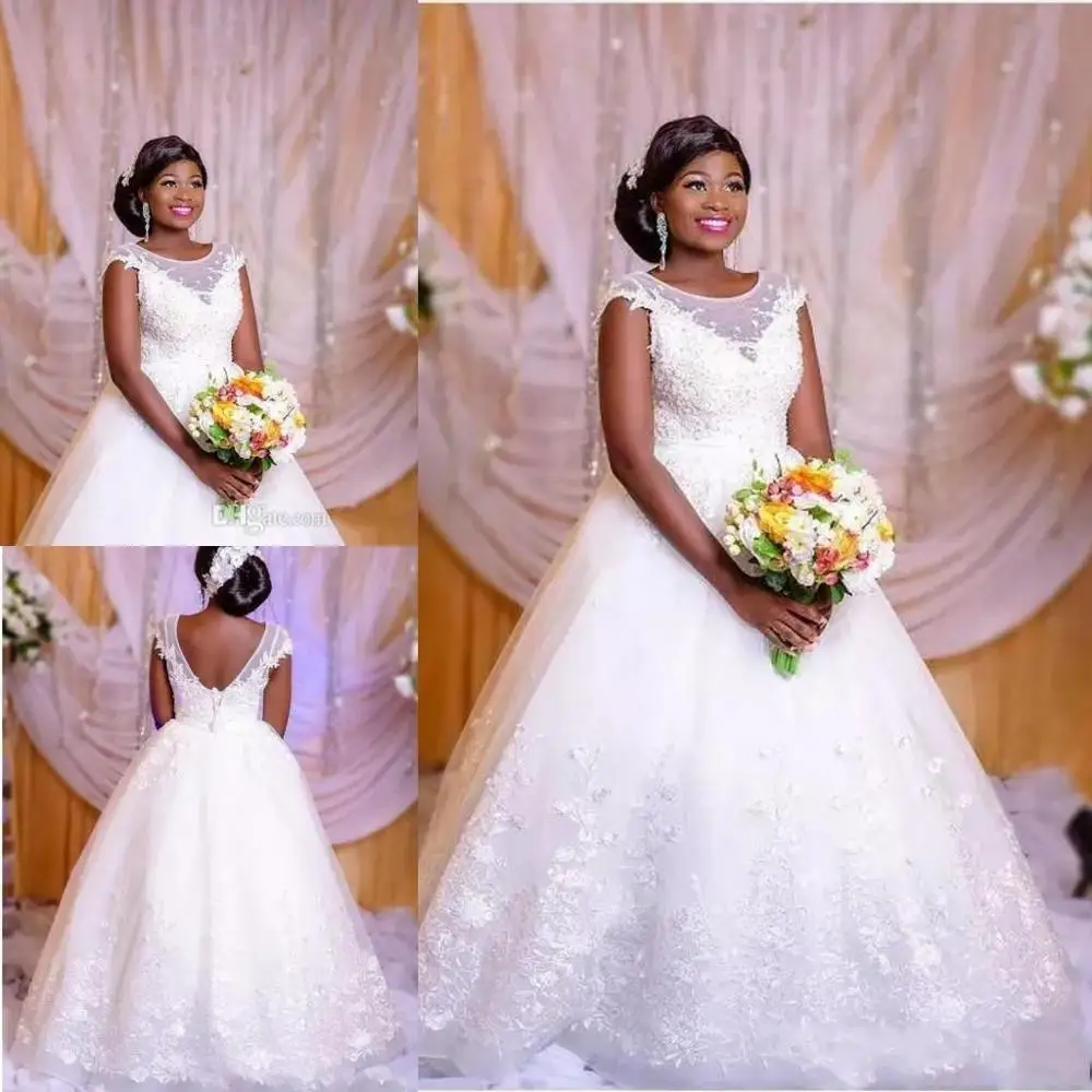 

Princess Lace A-line Wedding Dresses African Sheer Scoop Neck Lace up Back Plus Size Bride Dress Wedding Gowns