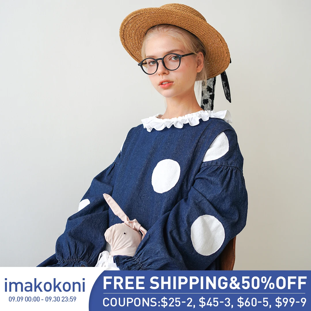 Платье imakokoni женское джинсовое с длинным рукавом юбка средней длины в горошек
