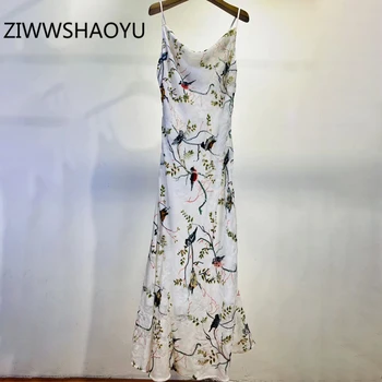

ZIWWSHAOYU Women Summer Off Shoulder Velvet Spaghetti Strap Dress Fashion Designer Ladies Plants Print Elegant Vintage Dresses