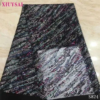 

2020 New High quality emerald green Velvet African tulle lace French net lace fabric with Sequins for party dress S824