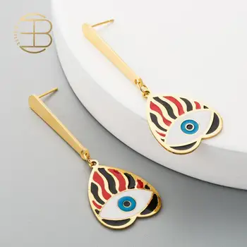 

New Style Ladies Colorful Enameled Evil Eye Heart Charm Long Drop Earrings Gold Plated Stainless Steel Anti-allergy Earring