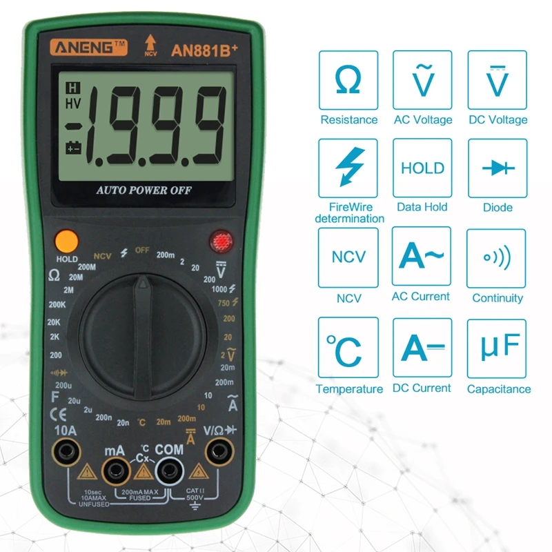 ANENG AN881B+ цифровой мультиметр поддерживает NCV AC DC Автоматический Измеритель тестовый er тестовый тестер er инструменты с 16 в 1 тестовая линия [зеленый