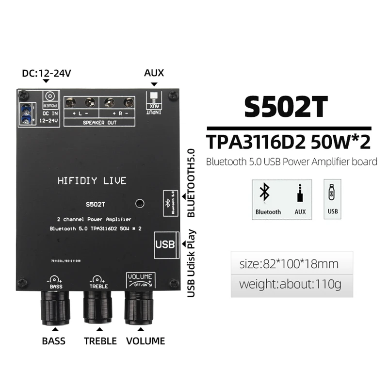 TPA3116D2 Bluetooth 5.0 HIFI 2.0 Channel Power Audio Stereo Amplifier Board 100W 50W TREBLE Bass Note Tuning AMP S502T S1002T